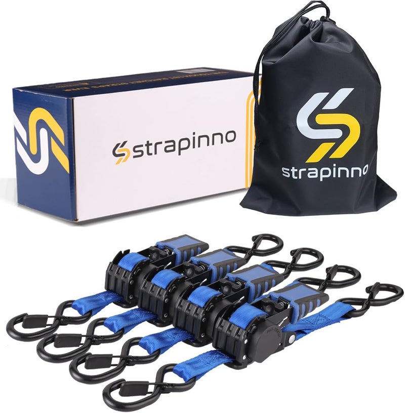 Strapinno 4 Pack Auto Retractable Ratchet Straps Bundle -1 in x 6 ft, 1500 LBS Break Strength Each, Heavy Duty Tie Down Straps for Cargo Securing, Weather Resistant Safety S-Hooks, Blue Strap - Image 1